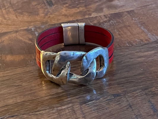 Red Leather & Silver Chain Cuff Bracelet