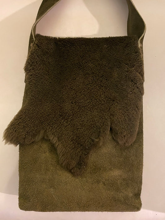 Olive Green Suede & Shearling Tote Bag