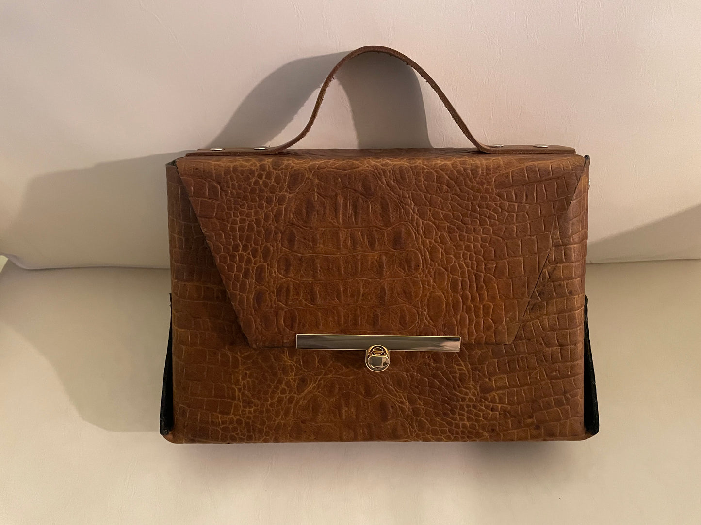 Brown Embossed Leather Top Handle Bag