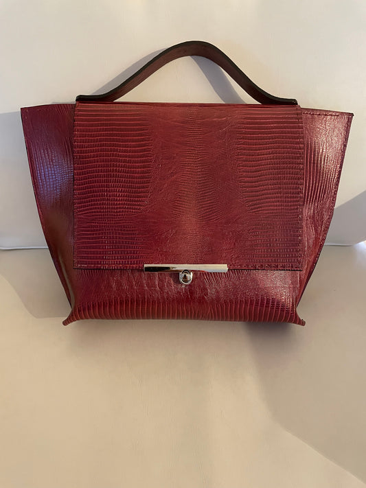Red Leather Top Handle Tote Bag