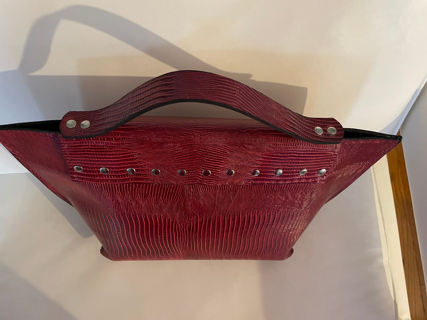 Red Leather Top Handle Tote Bag