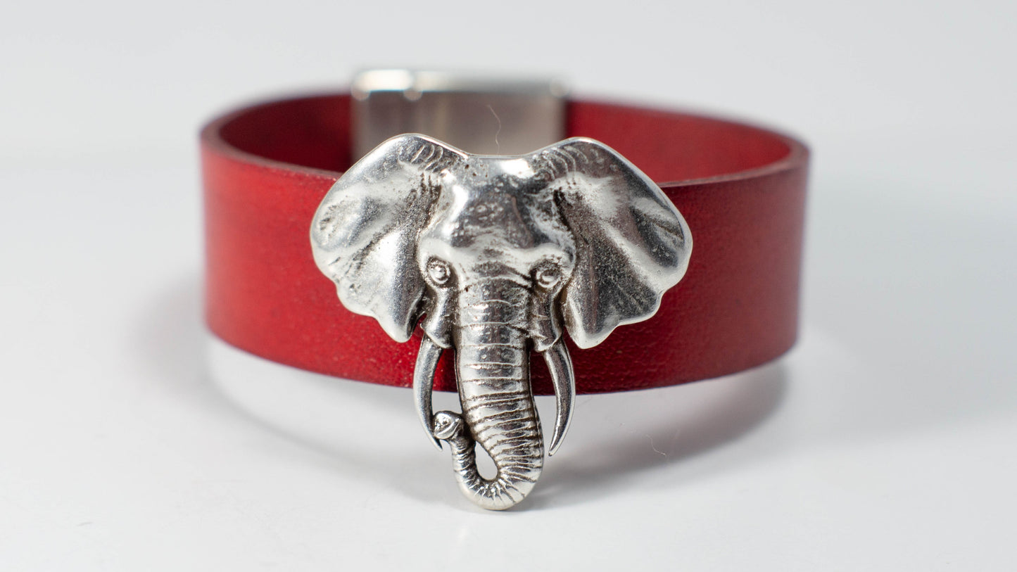 Silver Elephant & Leather Bracelet