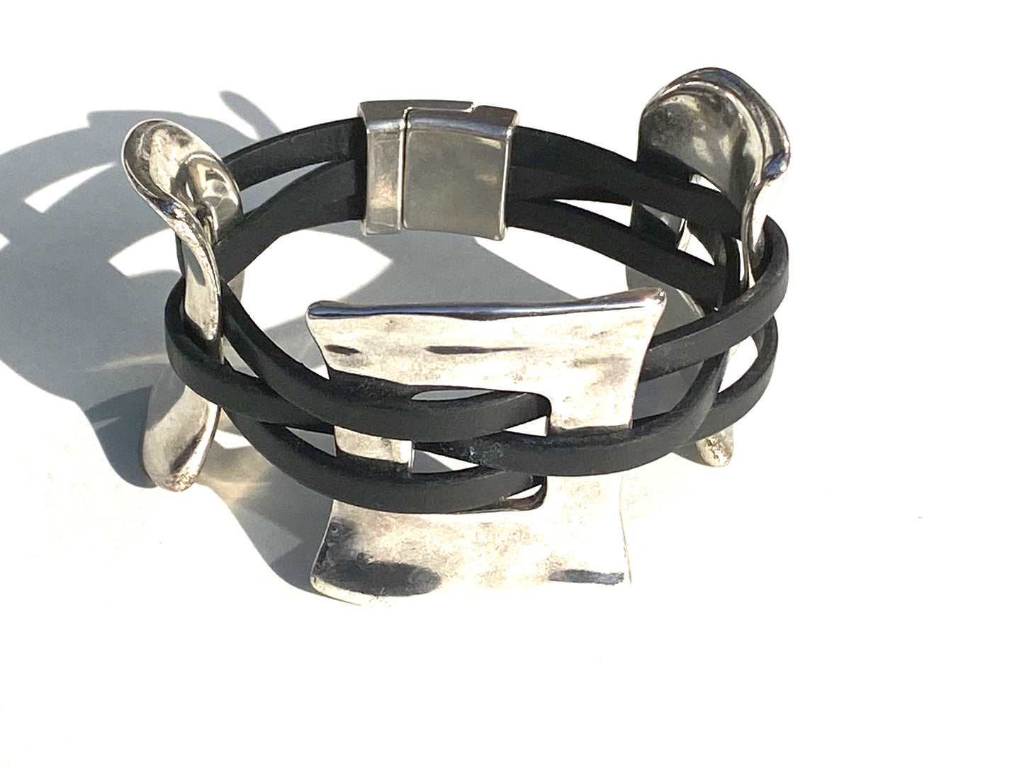 Silver Three Piece Cuff Leather Bracelet