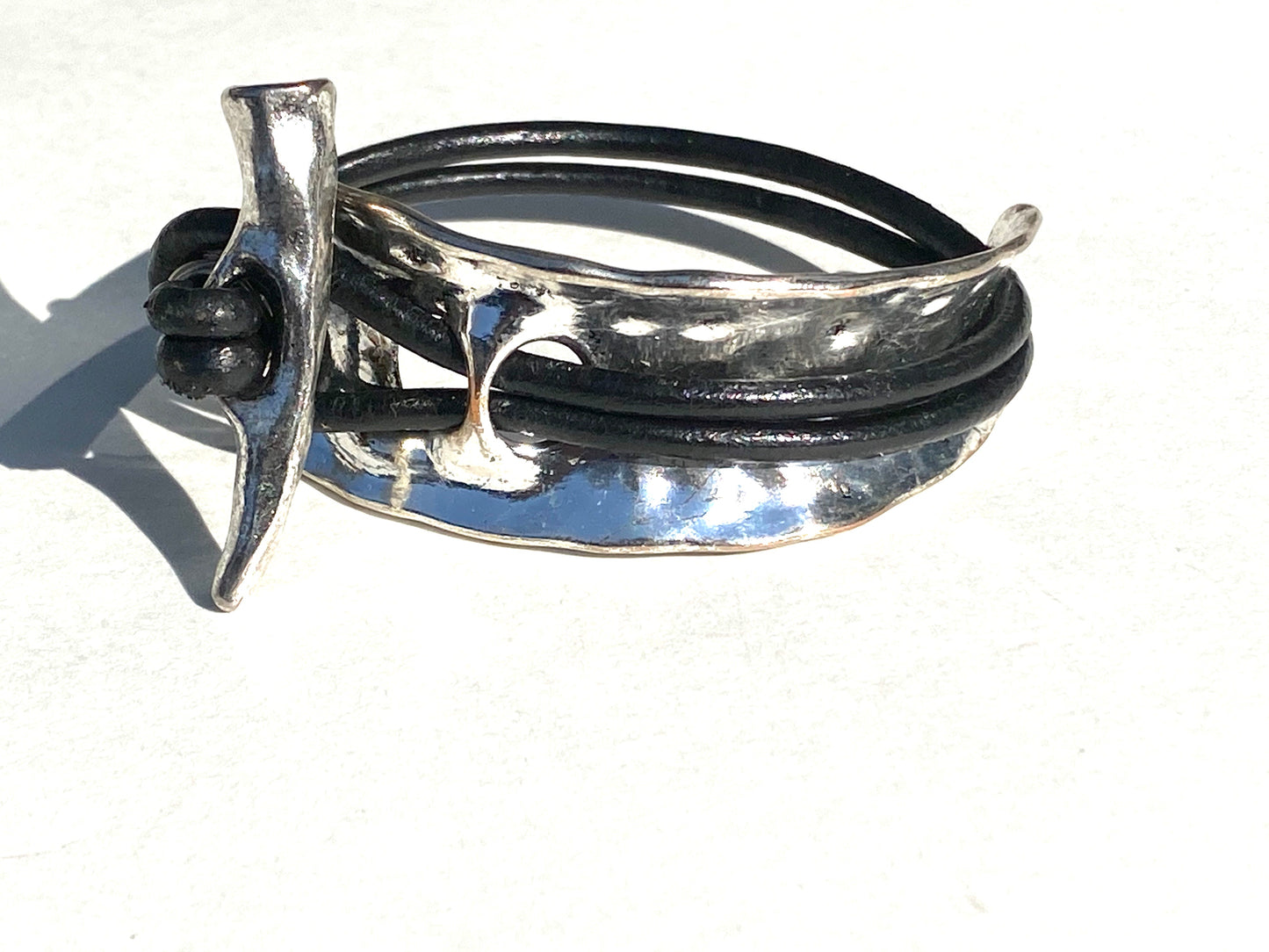 Silver Hammered Cuff w/Horn Toggle Leather Bracelet